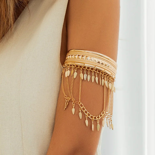 Metal Leaf Coin Tassel Open Bracelet
