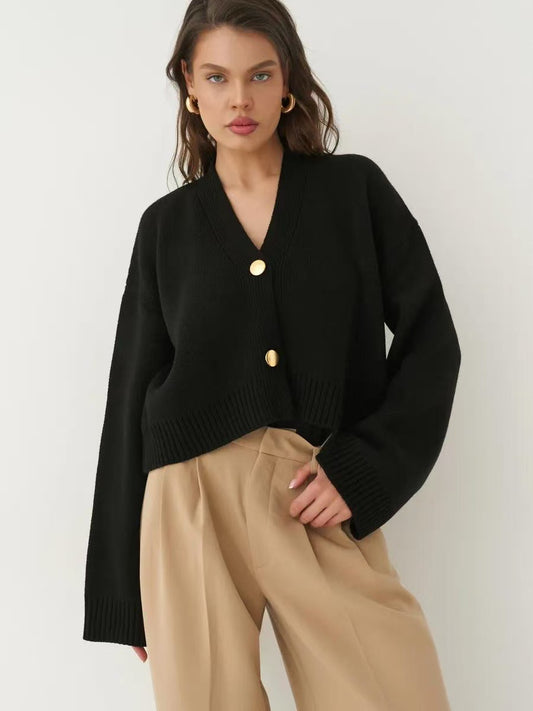 Individuelle, einfarbige Strickjacke mit V-Ausschnitt und lockerem Strick