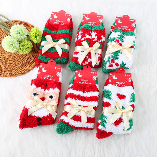 Dicke Socken aus Korallenvlies mit Schleife, Weihnachtsmann-Baum-Elch-Motiv
