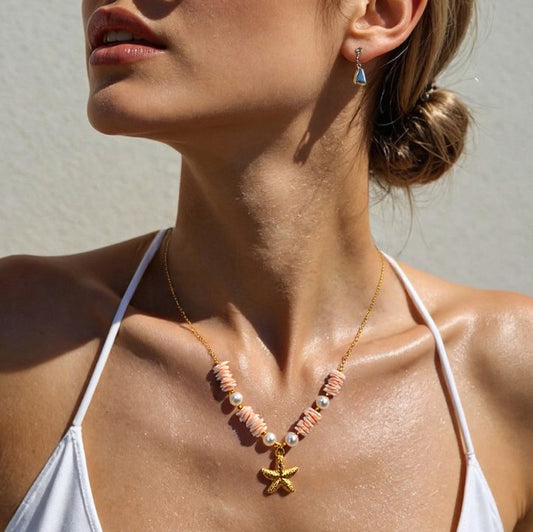 Halskette aus Edelstahl, Naturstein, Perle, Seestern und Sonne