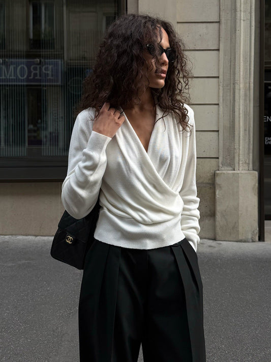 Draped Cowl Neck Crossover Fitted Sweater