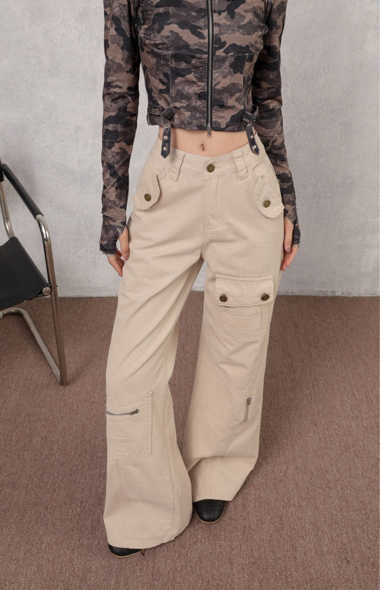 Denim Multi-Pocket High Waist Flared Cargo Pants Apricot / XS