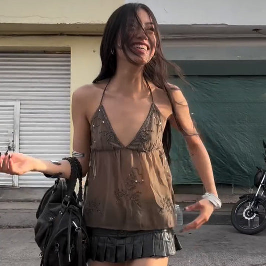 Besticktes Mesh-Tanktop mit Strasssteinen