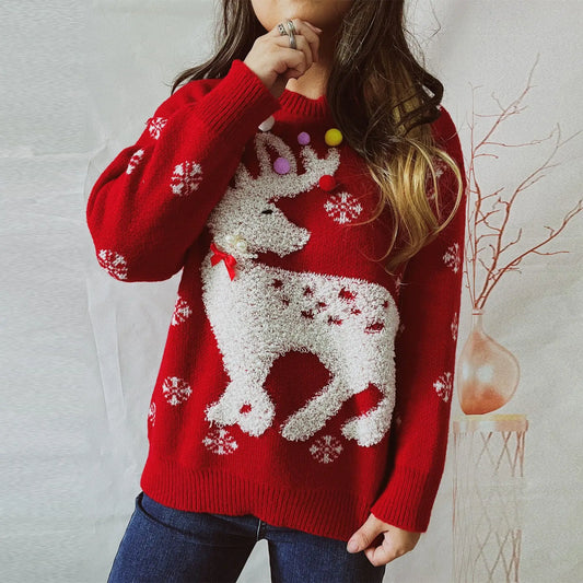 Handmade Pearl Ball Decoration Jacquard Christmas Red Sweater / S Sweaters-L