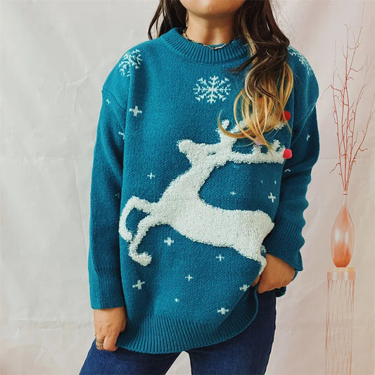 Korean Style Casual Loose Christmas Pullover Red Sweater Blue / S Sweaters-L