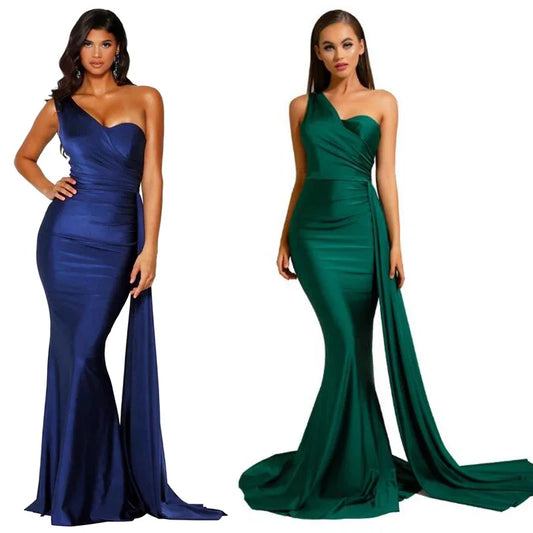 One-Shoulder Ruched Satin Party Dress Partydress-241208