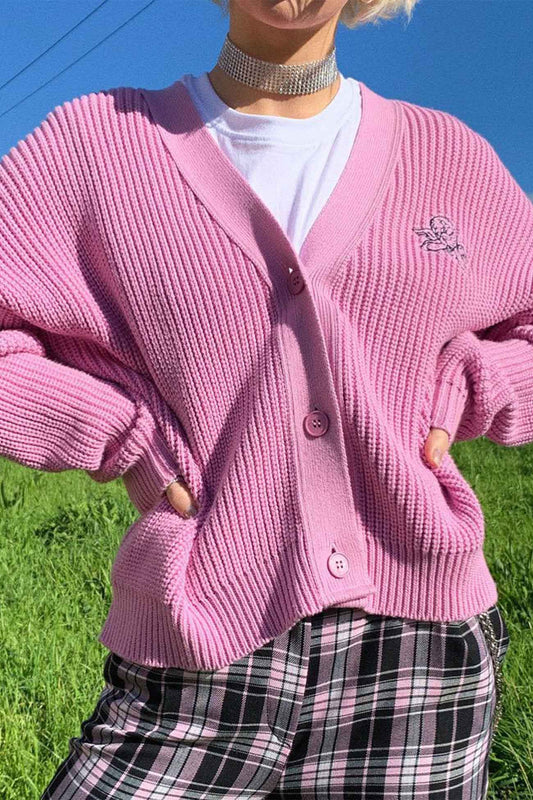 Pink Embroidered Button-Front Cardigan / S Cardigans
