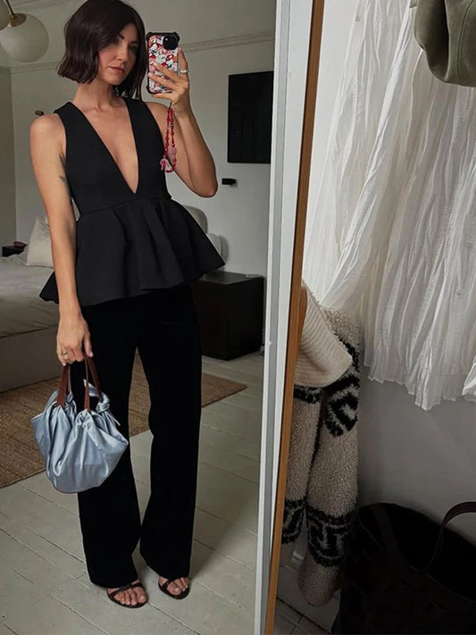 Zweiteiliges Haremshosen-Set mit Rüschensaum und V-Ausschnitt fürs Büro