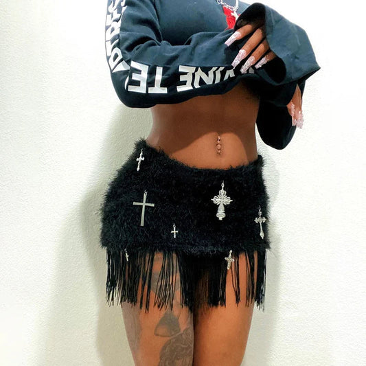 Fringe Hairy Elevated Waist Skirt Black / S