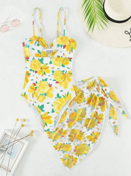 Print Strapped Push up Two Piece Set White / S