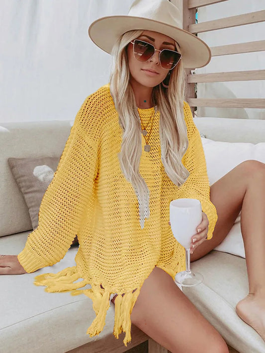 Solid Lace Up Tassel Beach Cover Up Yellow / One Size