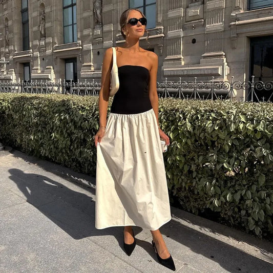 Black And White Charming Colorblock Tube Maxi Dress Open Shoulder Midi
