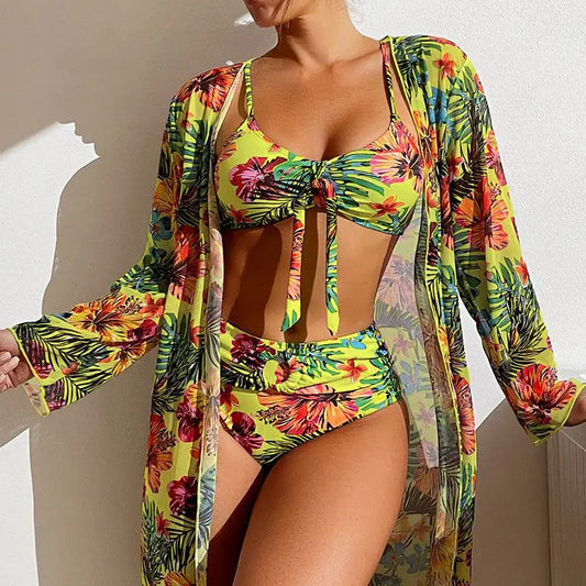 Floral Mesh Blouse Bra Two Piece Set Yellow / S