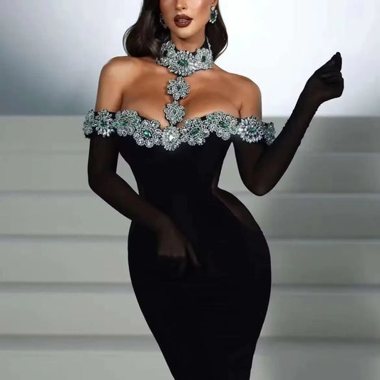 Off-The-Shoulder Halter Ankle-Length Party Dress