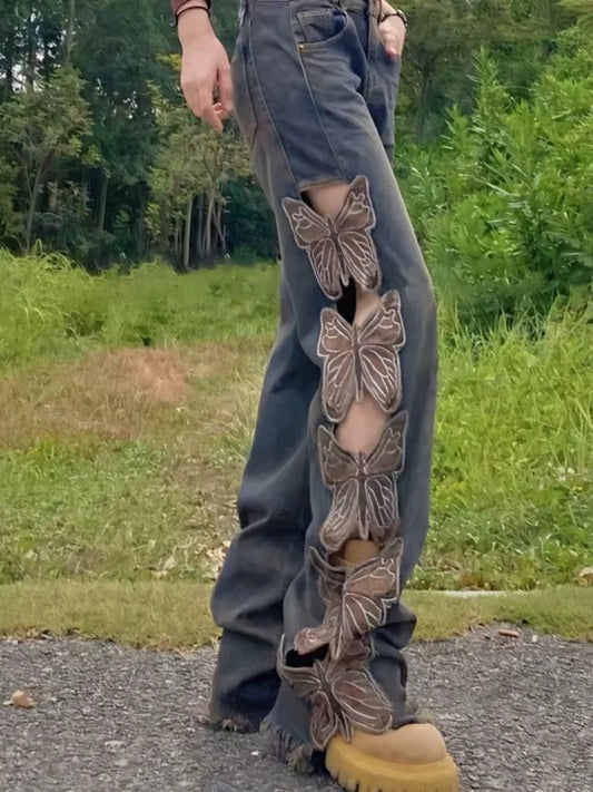Mode Vintage Schmetterling Aushöhlen Jeans
