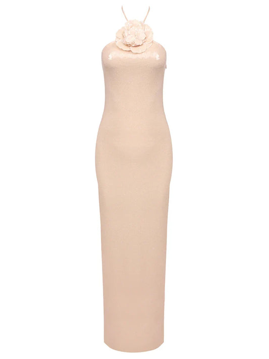 Sexy Halter 3D Flowers Sequins Long Dress Sleeveless Backless Christmas Party Apricot / Xs Dresses-L