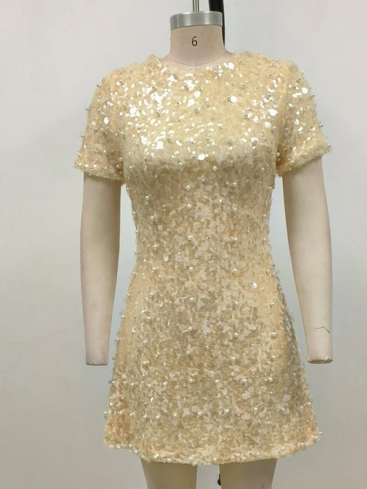 Sexy O Neck Short Sleeve Shiny Sequins Beaded Mini Elegant Christmas Party Dress Apricot / Xs