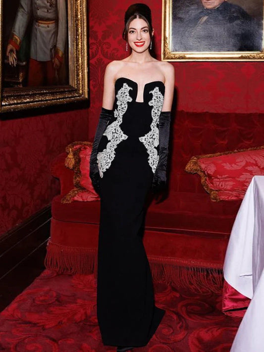 Sexy Strapless V Neck Lace Sequin Design Black Velvet Christmas Party Dress Dresses-L