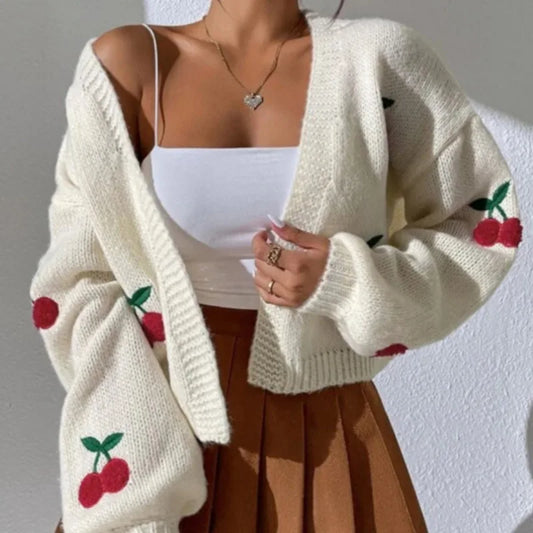 Cherry Embroidery Loose Long Sleeve Casual Knit Cardigan cardiagn-250126