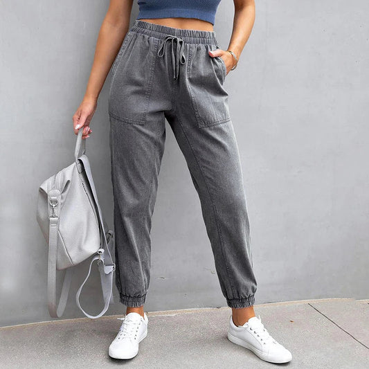 Stretch Women High Waist Wide Leg Casual Fashion Pocket Drawstring Clothing Mom Jean