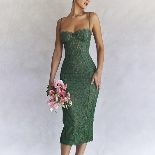 Elegant Spaghetti Strap V Neck Lace Formal Occasion Dress For Christmas Party Green / S Dresses-L