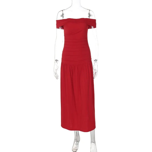 Elegant Backless Patchwork Long Red Sleeveless Bandeau Solid Pleated Wide Skirt Christmas Party