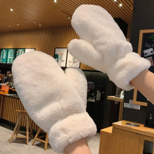 Lovely Plush Fluffy Winter Gloves - Windproof And Thickened For Christmas White Gloves-L