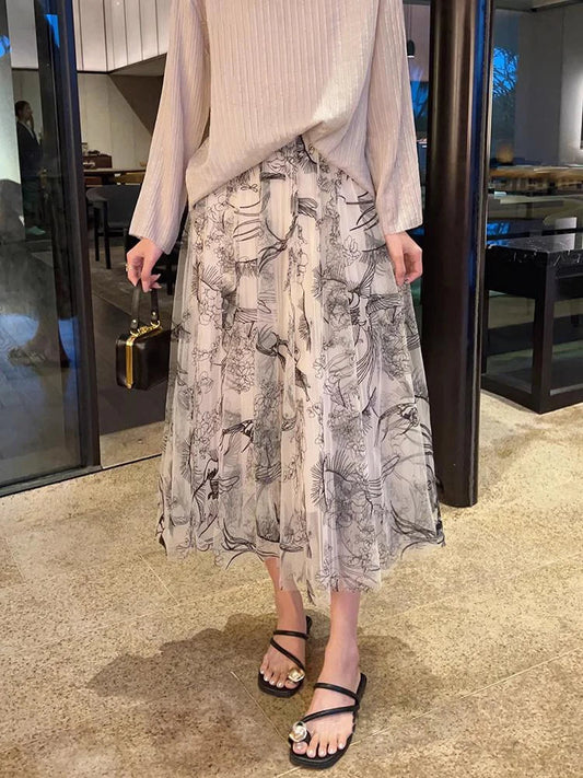 Flocking Flower Bird Tulle Gauze Elastic Waist Midi Skirt white / Free size skirt-250126