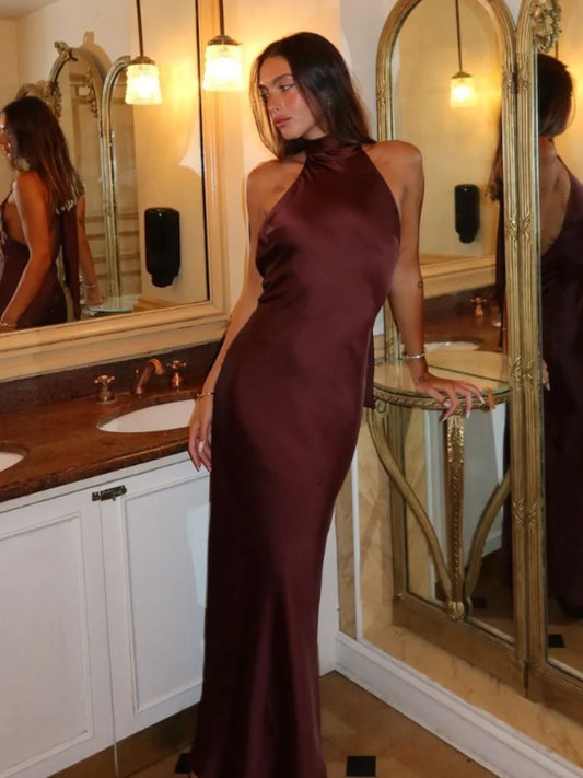 Women Sexy Chic Satin Backless Halter Lace Up Christmas Party Dress Brown / Xs Dresses-L