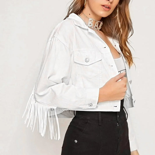 Short Loose Denim Wi Pockets Lapel Button Tassel Chic Stylish Elegant Fashionable Versatile