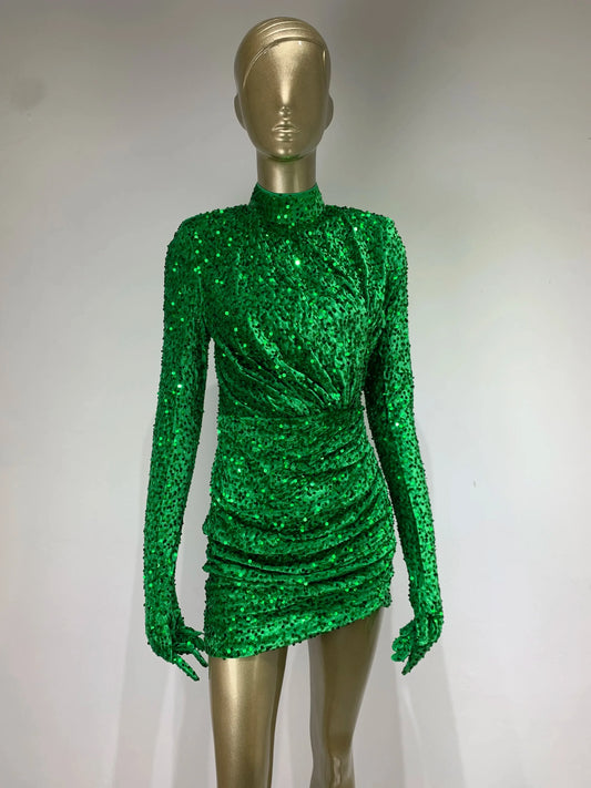 Summer Sexy Turtleneck Long Sleeve Velvet Green Mini Sequins Bodycon Christmas Party Dress Dresses-L