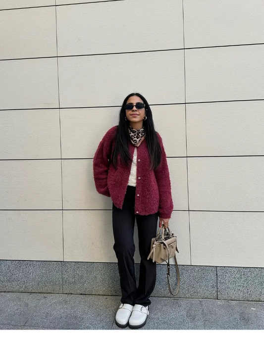 Wine Red Round Neck Button Cardigan