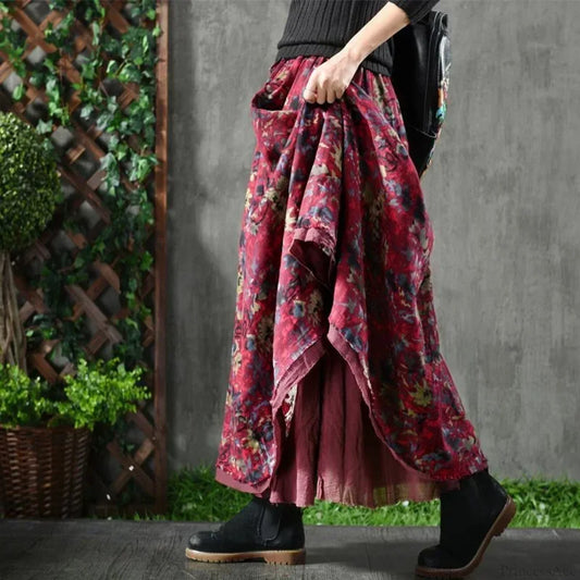 A-Line Pleated Autumn Floral Long Skirt with Pockets