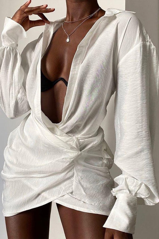 Langarmhemd, sexy, tief ausgeschnittenes Leinen-Minikleid