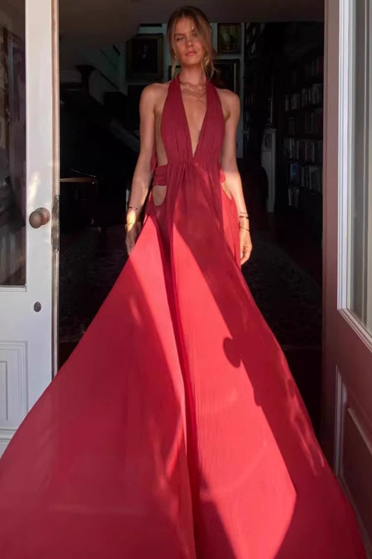 Französisches sexy rückenfreies Neckholder-Maxikleid mit V-Ausschnitt