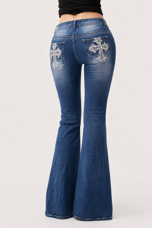 Y2K Washed Rhinestone Flare Jeans