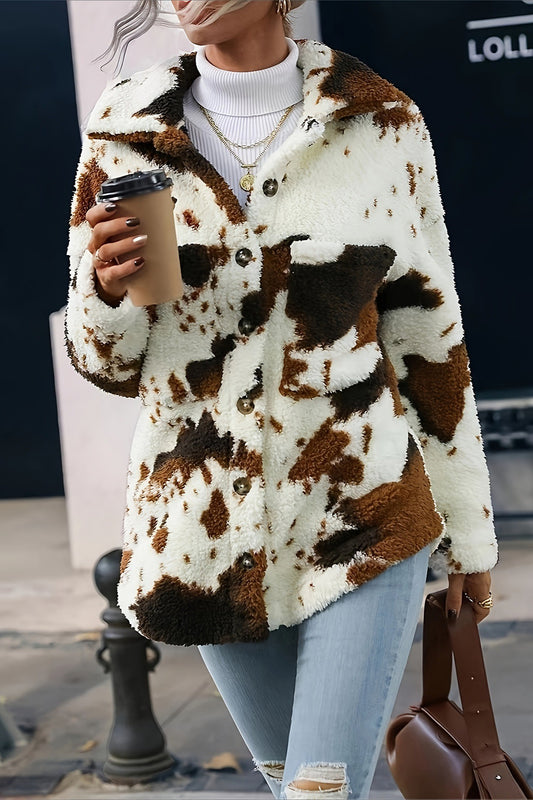 Cow Print Button Front Plush Coat