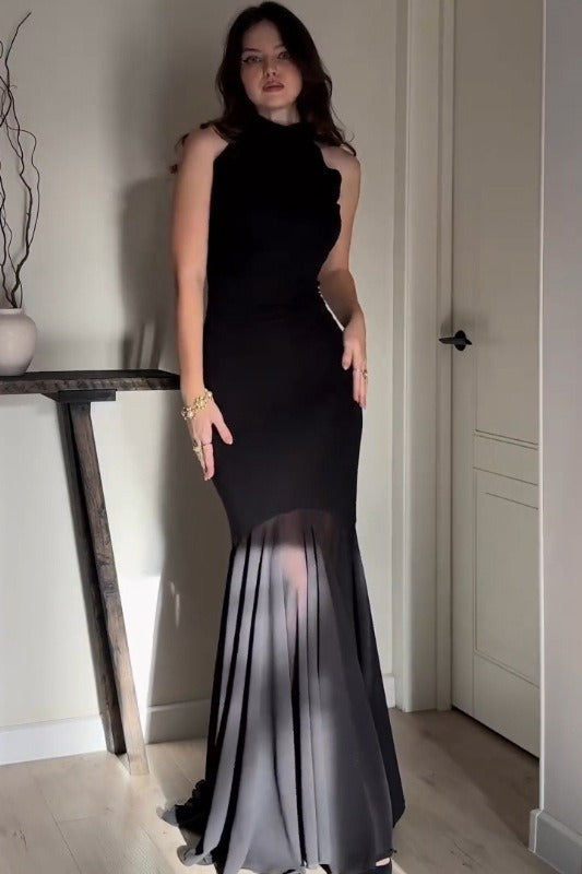 Sexy, figurbetontes Maxikleid in einfarbigem Netzstoff