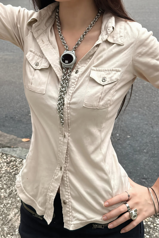 Utility Pocket Short Sleeve Collared Blouse