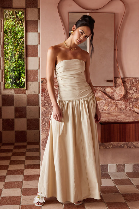 Strapless Ruched Drop-Waist Maxi Dress