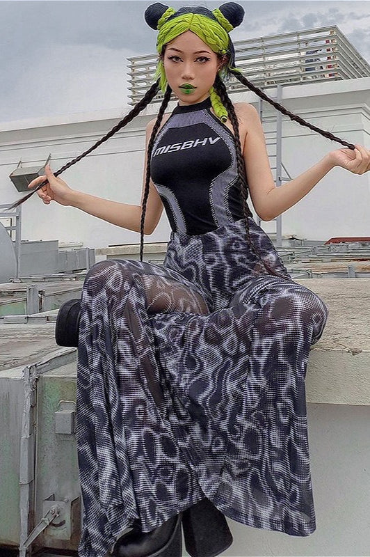 Schlaghose aus Netzstoff mit Blumenmuster und hoher Taille