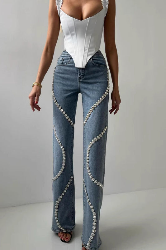 Rhinestone Patch Straight Leg Jeans