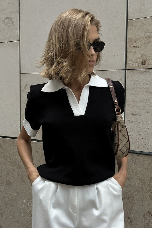 Contrast Collar Short Sleeve Polo Knit Sweater