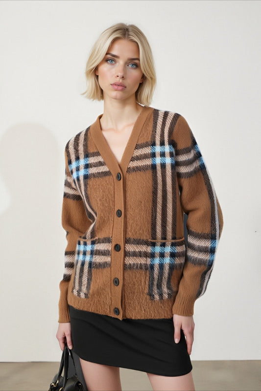 Karierter Retro-Strickcardigan in Übergröße mit V-Ausschnitt, locker geschnitten, locker geschnitten