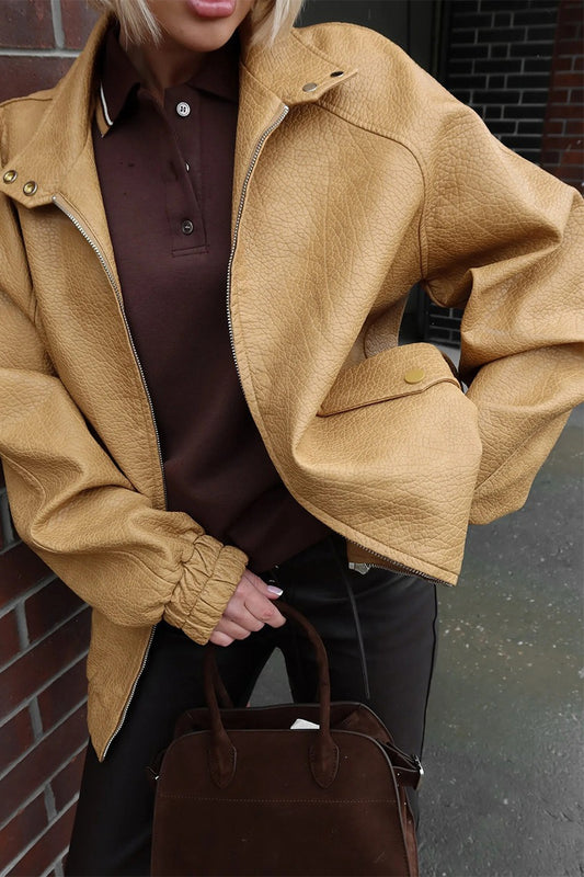 Vintage Stehkragen PU-Lederjacke