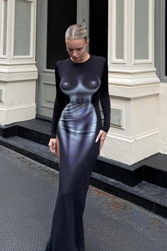 Figurbetontes Maxikleid mit langen Ärmeln und 3D-Druck