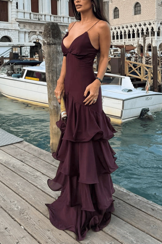 Maxikleid mit tiefem V-Ausschnitt und schmaler Taille