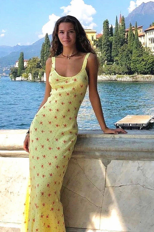 Strapskleid mit Blumendruck, langes Maxikleid mit Fischschwanz