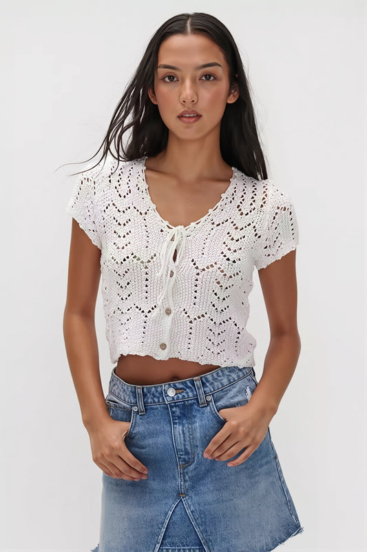 Openwork V Neck Tie Front Cardigan
