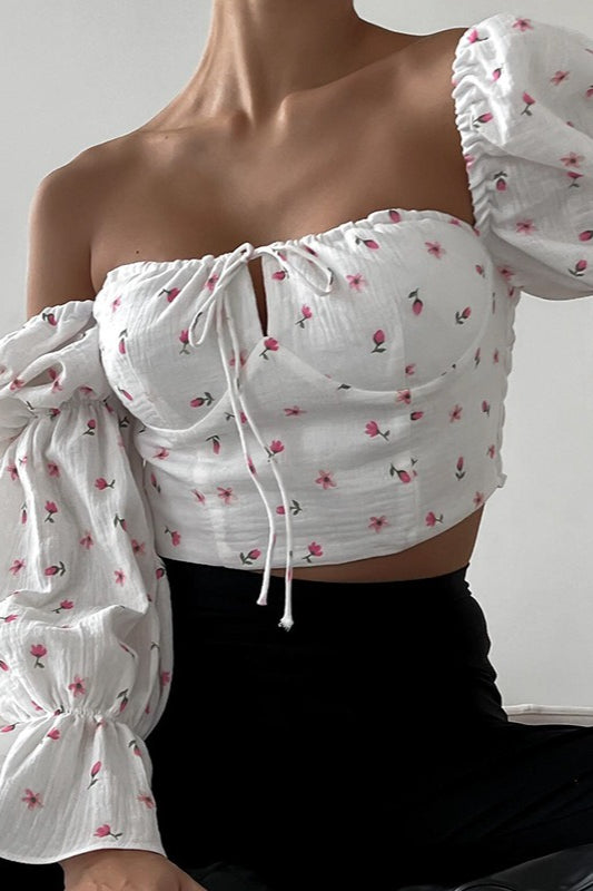 Square Neck Puff Sleeve Tie Floral Crop Blouse